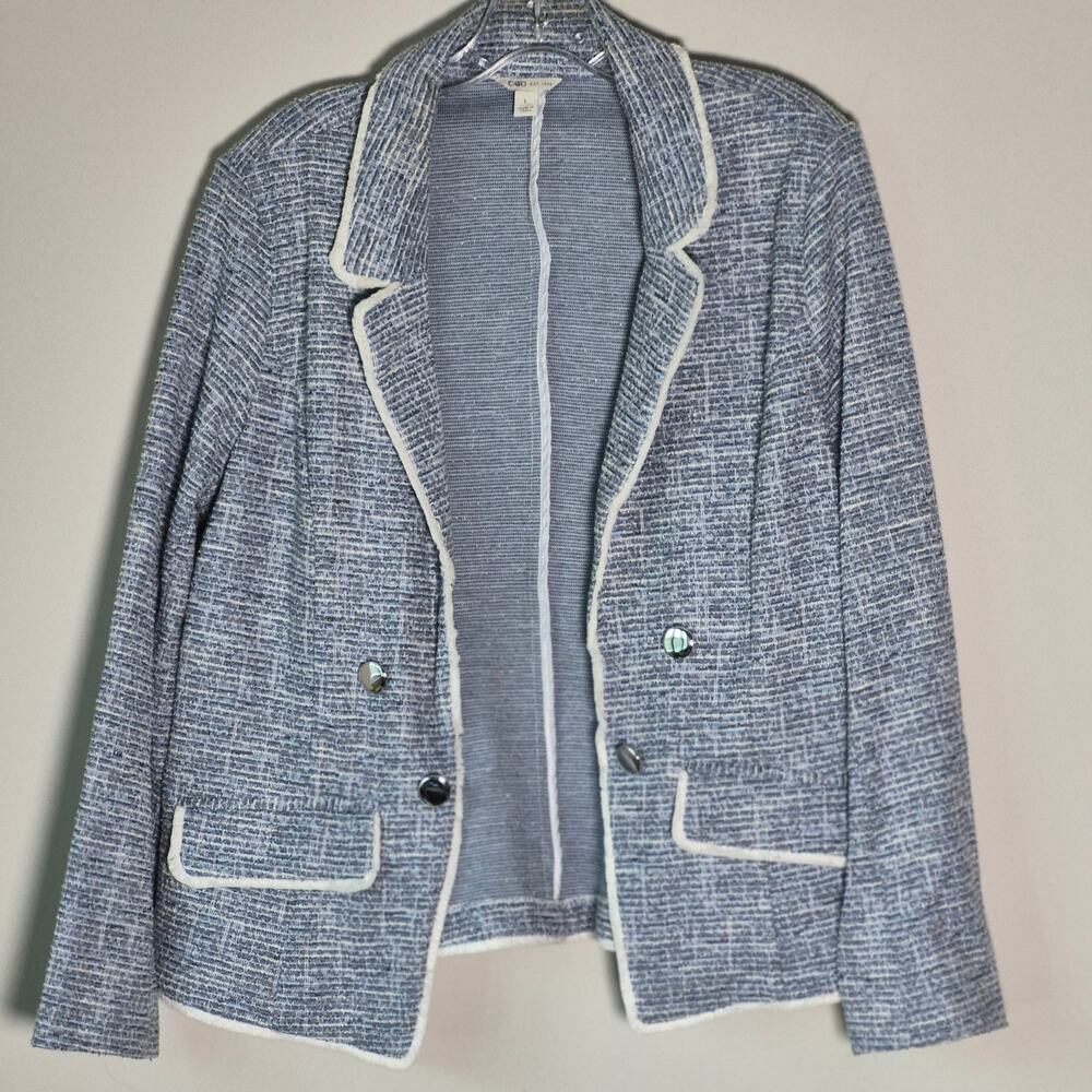 Cato Womens Tweed Large Blue White Button Detail Knit Open Cardigan Blazer A0098